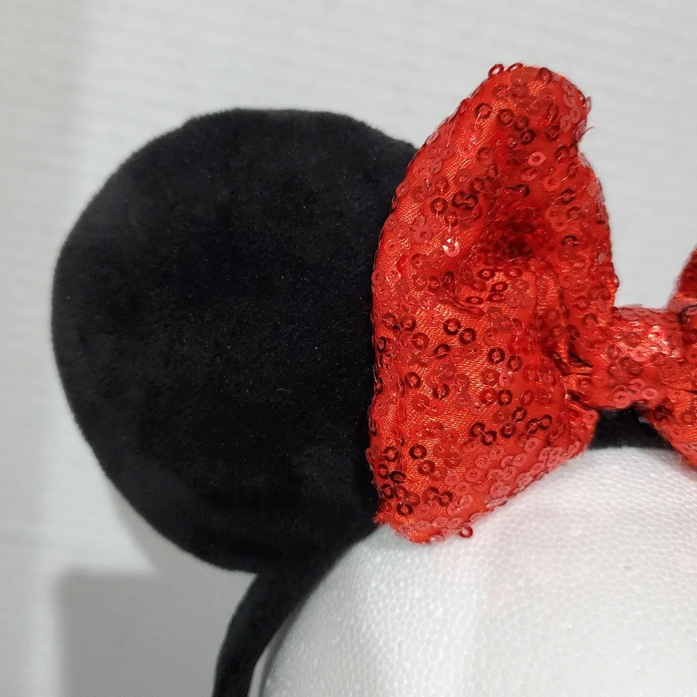 Disney Parks Minnie Mouse Black Plush Ears Red Seqin Bow Headband L👀K